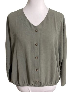 Wynne Layers Olive V-Neck Button Front Blouse